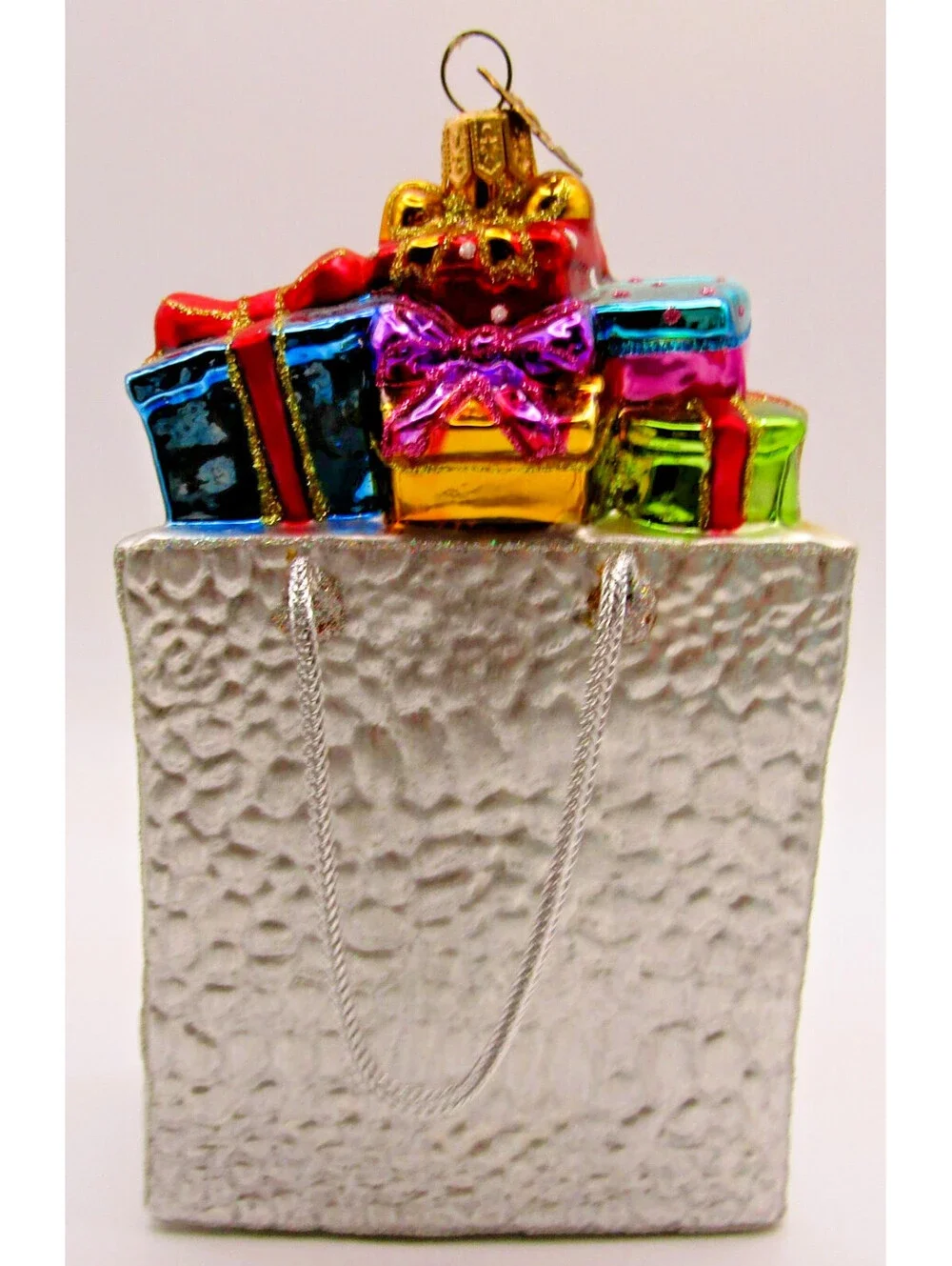 Neiman Marcus 2012 Mercury Glass Shopping Bag Ornament with Green Glass Stand